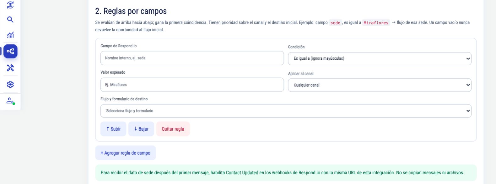 Editor de regla con campo de Respond.io, condición, valor esperado, canal, destino y botones de orden