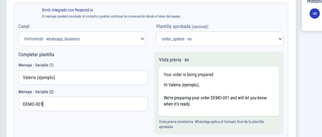 Plantilla order_update en inglés con dos variables ficticias y vista previa del mensaje
