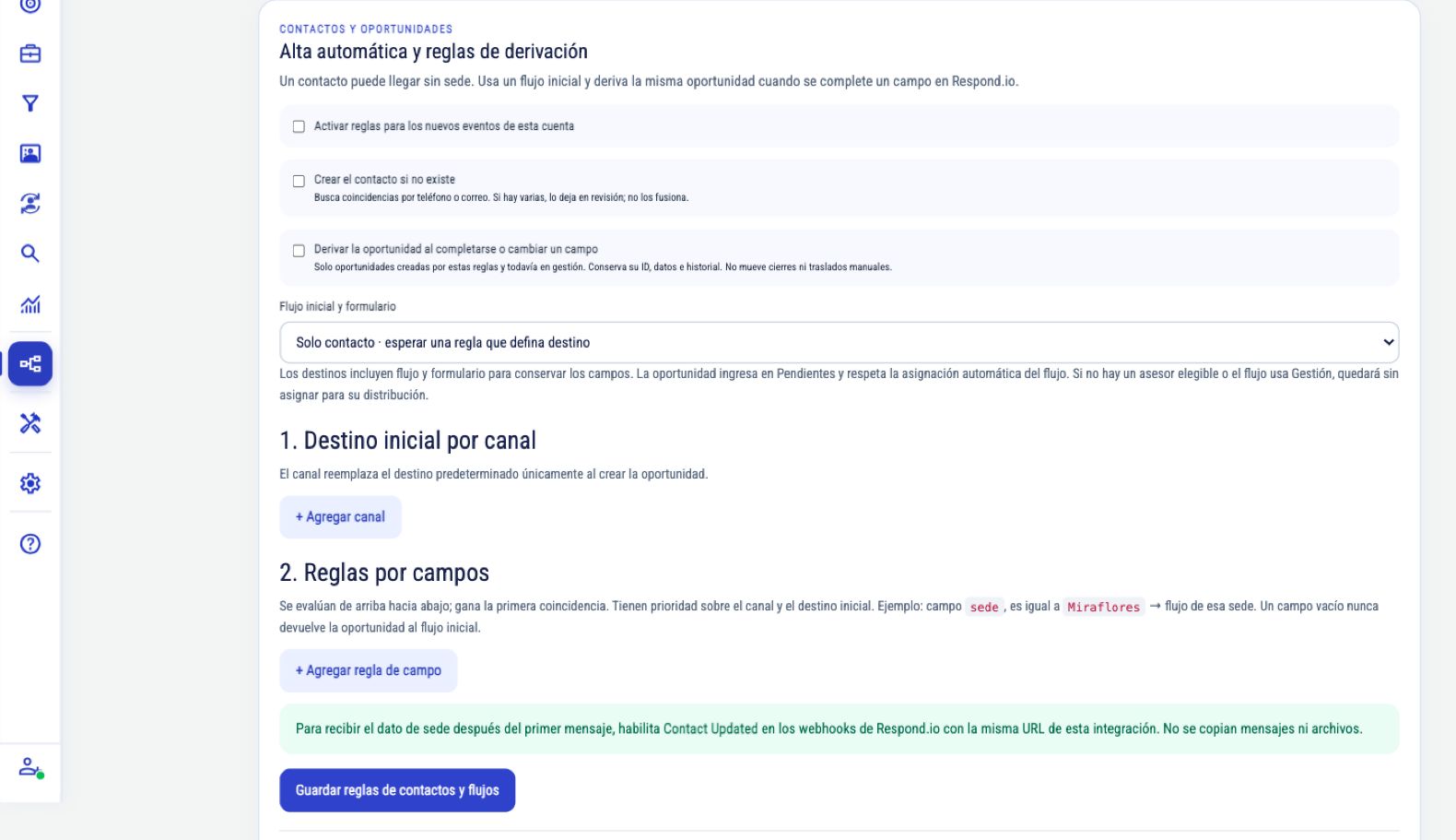 Controles de alta automática, creación de contactos, destino inicial y reglas de derivación