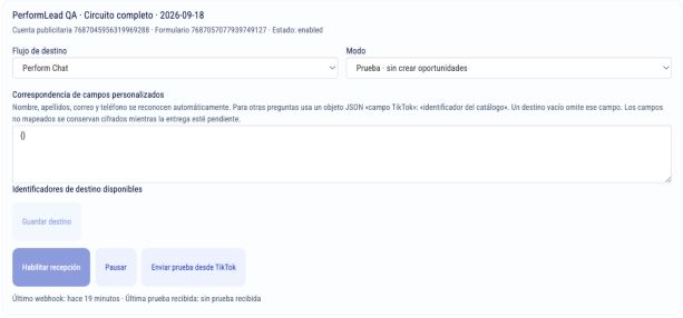 Flujo de destino, modo prueba y correspondencia de campos de TikTok